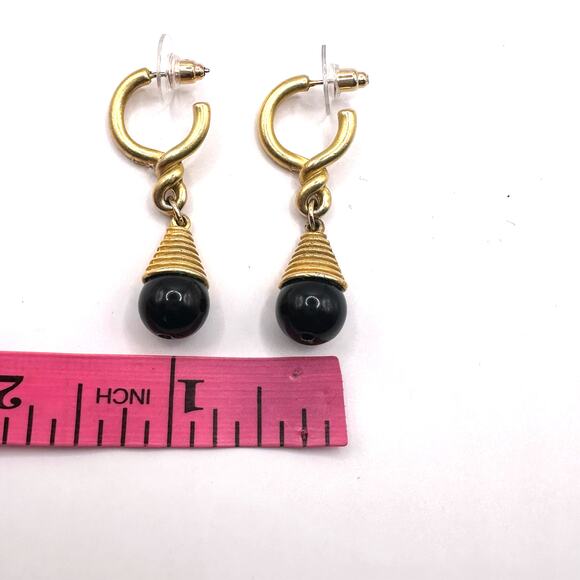 Gold Black Ball Retro Vintage Inspired Pierced Earring Dangle Drop Minimalist - Picture 3 of 8